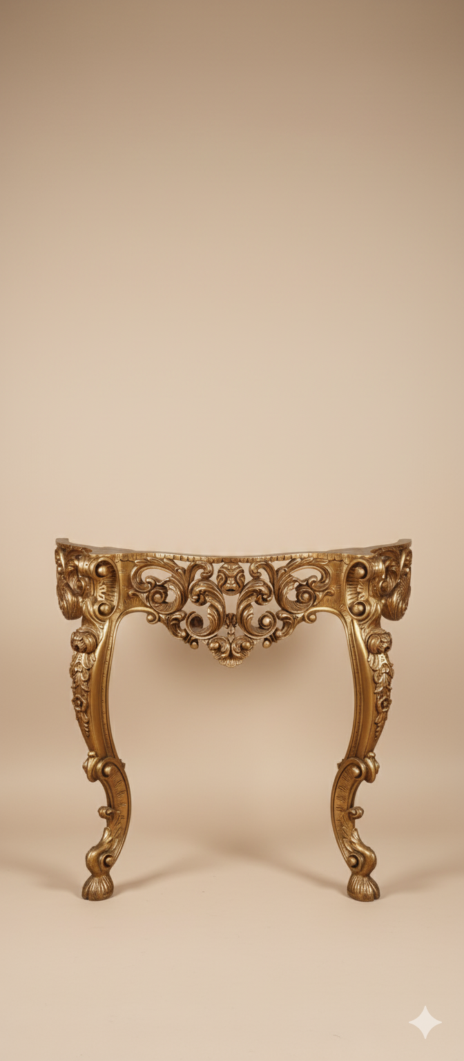 NADİR BULUNAN: 1920'ler Fransız Barok & Rokoko El Oyma Antika Konsol (Half-Moon Tarzı) - Gürgen Ağacı - Görsel 4