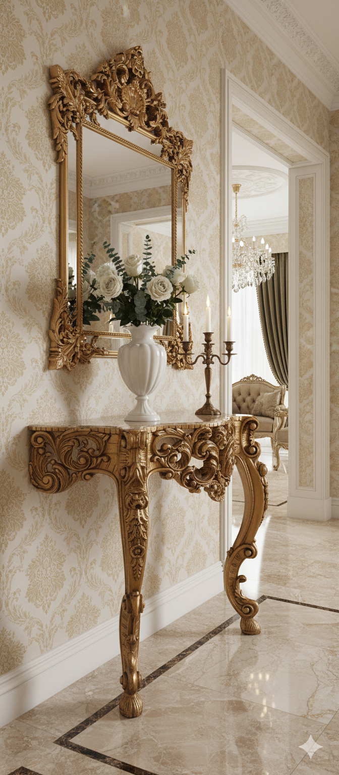 NADİR BULUNAN: 1920'ler Fransız Barok & Rokoko El Oyma Antika Konsol (Half-Moon Tarzı) - Gürgen Ağacı - Görsel 2