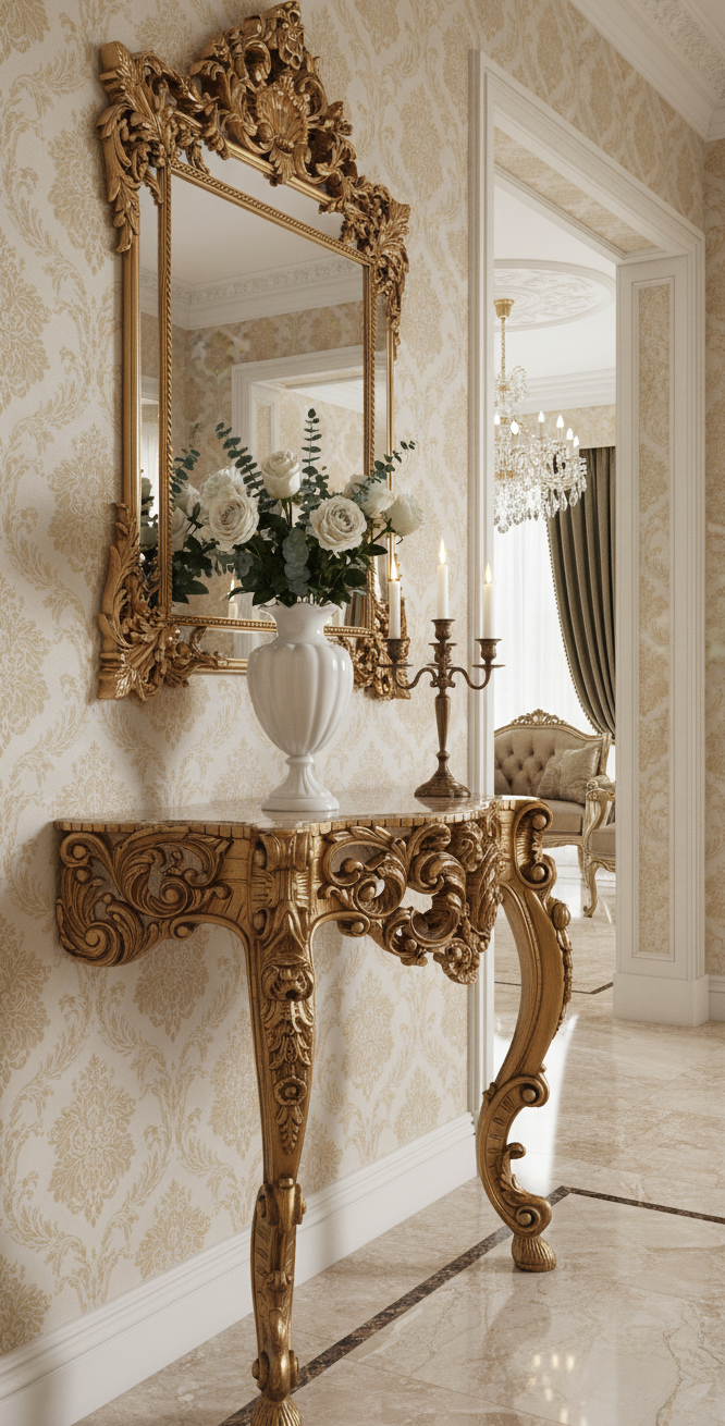 NADİR BULUNAN: 1920'ler Fransız Barok & Rokoko El Oyma Antika Konsol (Half-Moon Tarzı) - Gürgen Ağacı